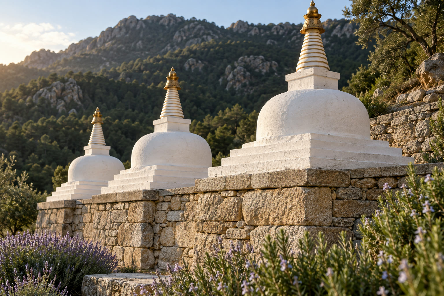 3D concept rendering — snow-white stupas standing on stone-terraced retaining walls, showing the meeting of Nyingma sacred architecture with Catalan vernacular masonry