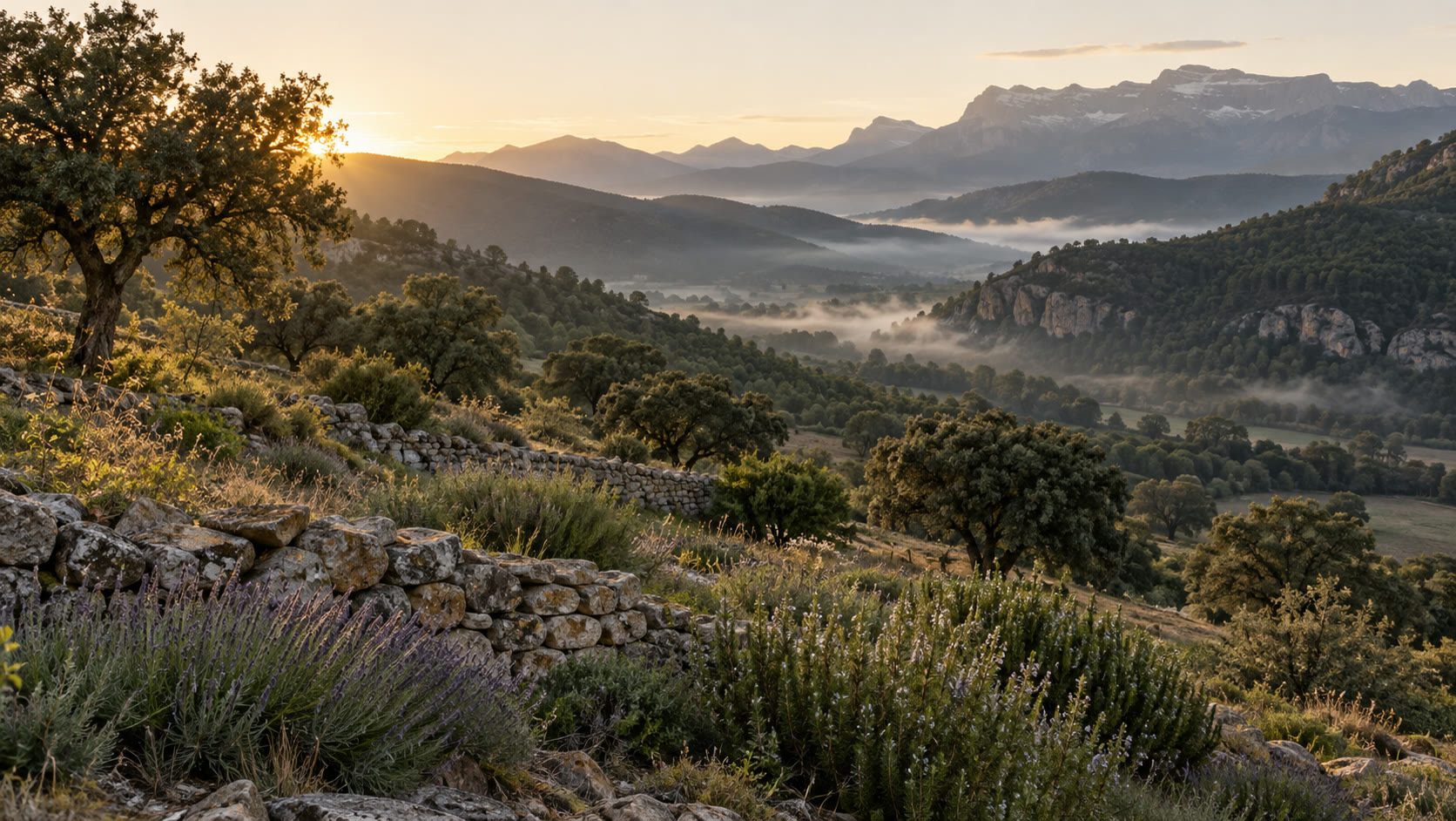 Dawn landscape in the Berguedà comarca of rural Catalonia — south-facing slope with holm oak, lavender, dry stone walls, and distant Pyrenean ridge in the morning mist