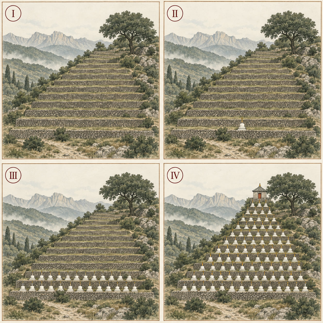 Four-panel ink-and-wash plate showing the four phases of the 108 Stupas Project: I empty terraced slope; II single foundational stupa; III lower rows built; IV all 108 stupas in place with the apex temple