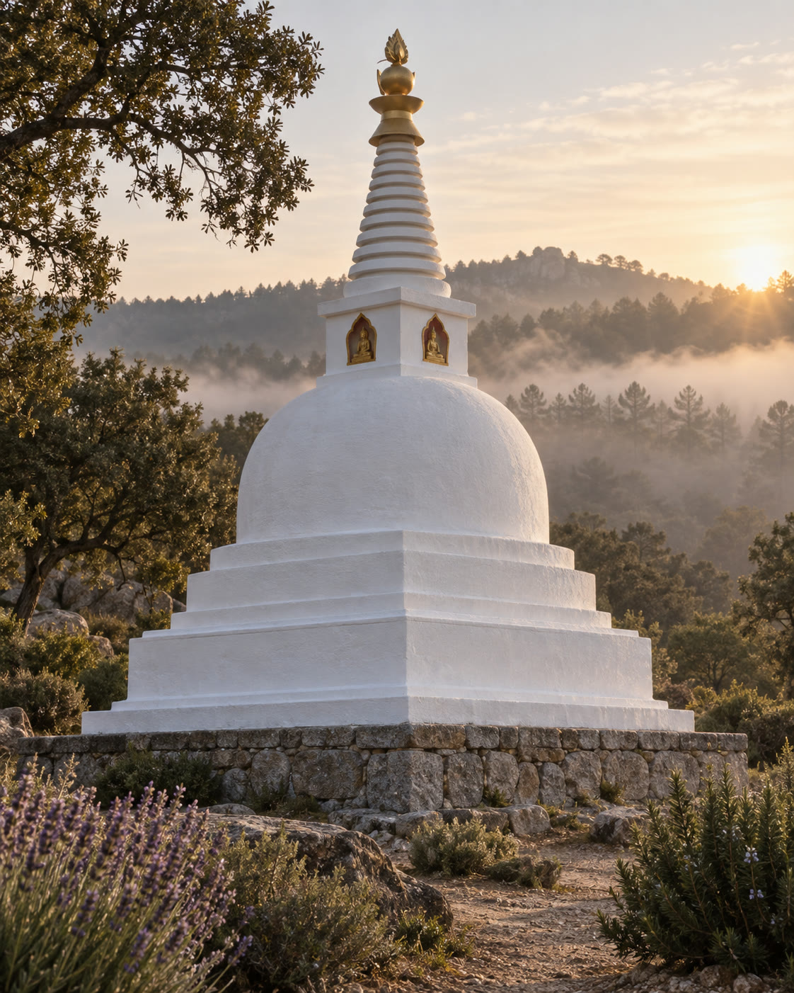 Ground-level cinematic photograph of a single snow-white Nyingma stupa at dawn — freshly lime-plastered walls, matte gilded finial, 13-ring chattravali, on a granite foundation in a Catalan holm-oak clearing with lavender in the foreground